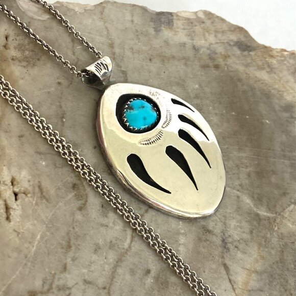 VTG Sterling Silver 925 Southwest Bear Pawn Shadowbox Turquoise Pendant Necklace - Picture 8 of 16